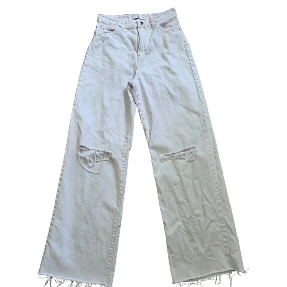 Lefties white Denim Women's 6/8 Wide Leg Raw Hem Distressed Jeans Y2K streetwear